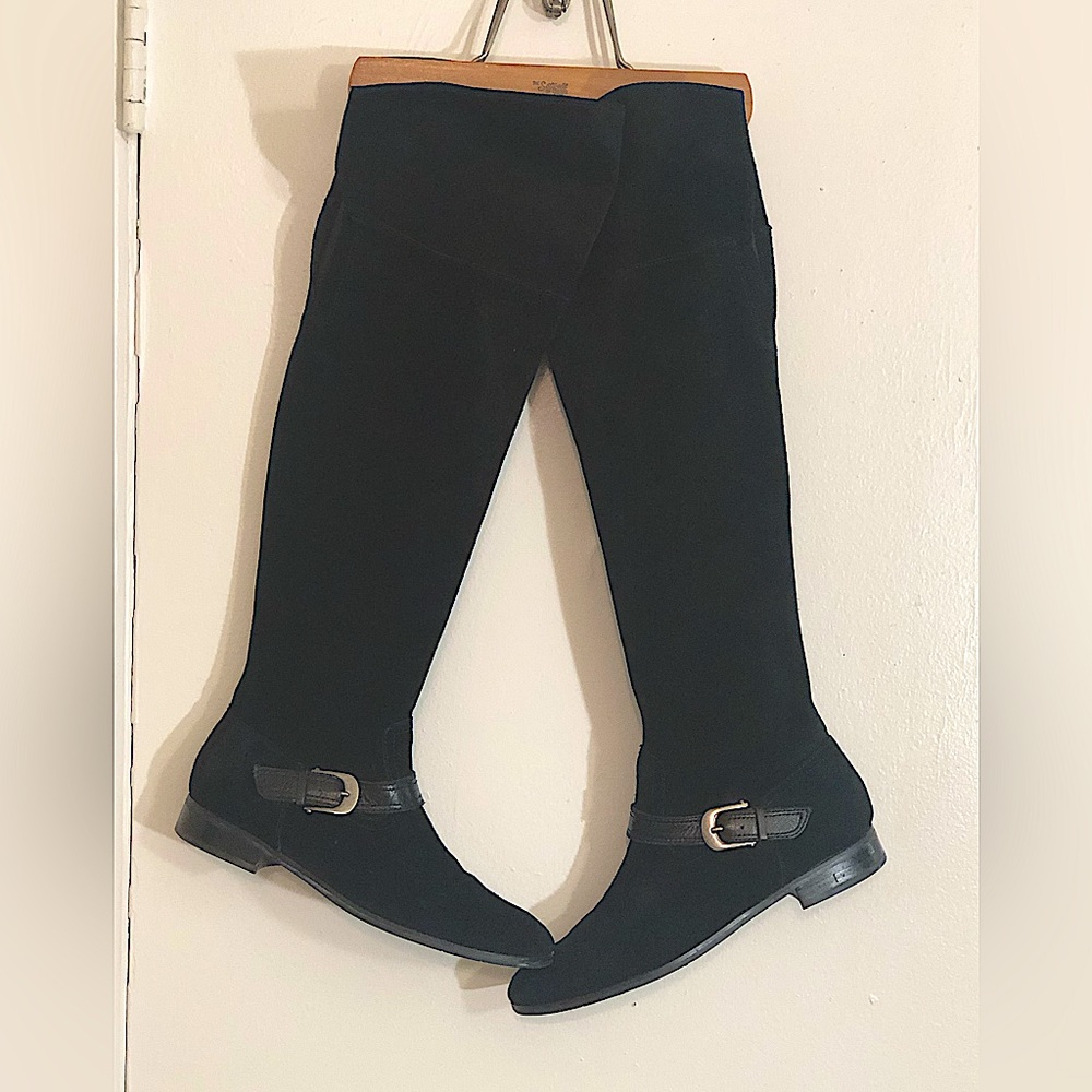 Franco Sarto Knee High Black Suede Boots With Buckle Woman’s Size 8.5